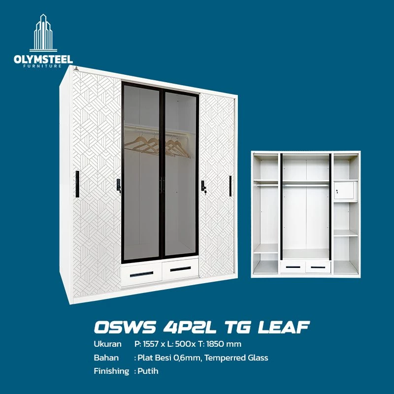 OSWS 4P2L TG LEAF - Lemari Sliding Pakaian Besi 4 Pintu 2 Laci