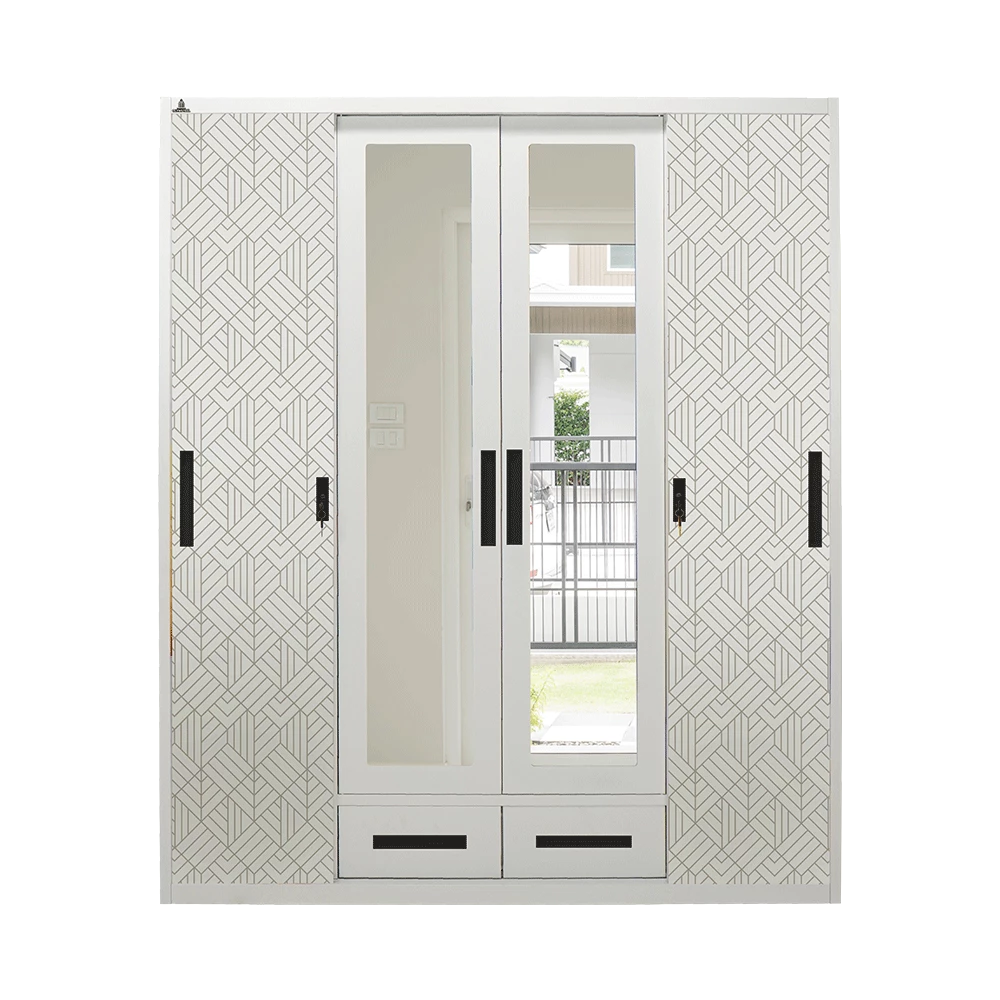 OSWS 4P2L TG LEAF - Lemari Sliding Pakaian Besi 4 Pintu 2 Laci