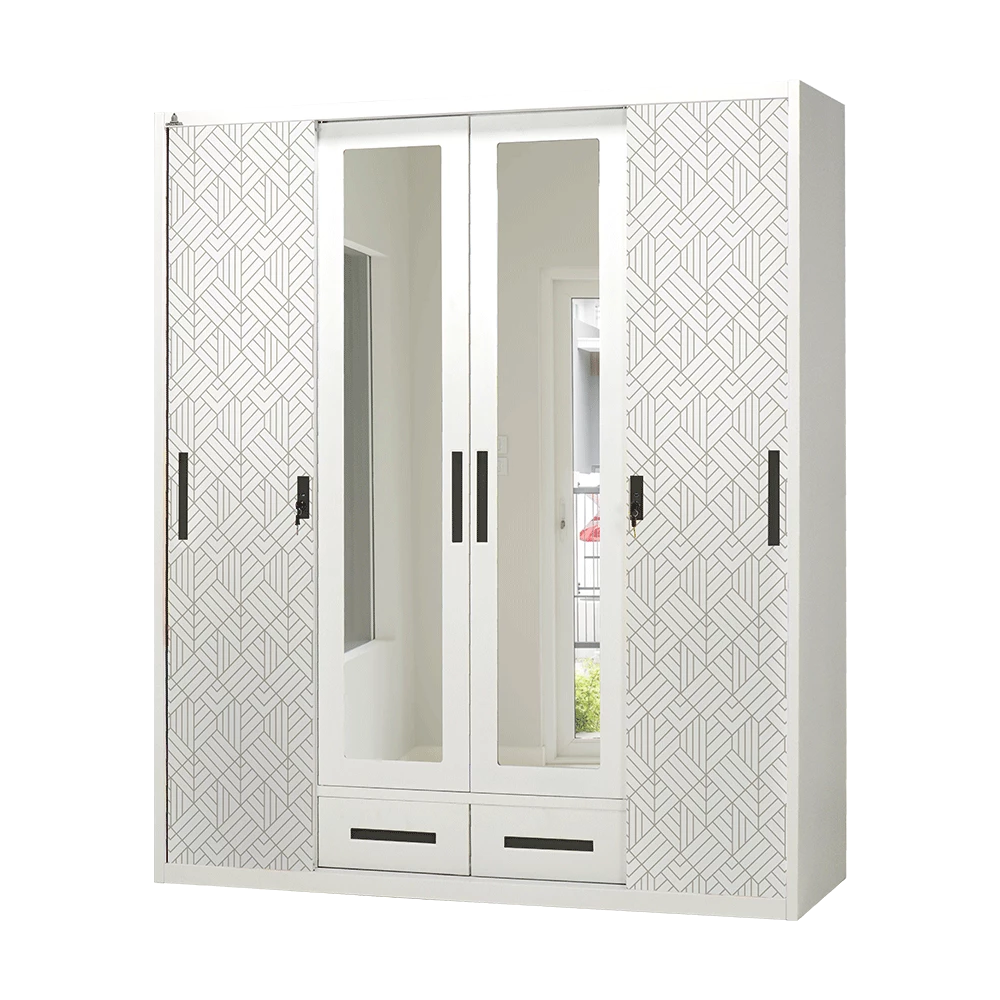 OSWS 4P2L TG LEAF - Lemari Sliding Pakaian Besi 4 Pintu 2 Laci