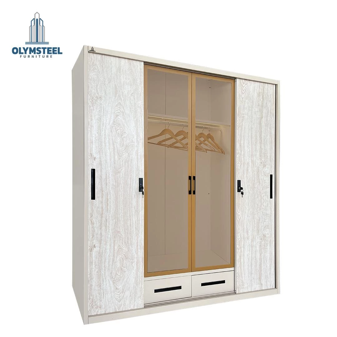 OSWS 4P2L TG SONOMA - Lemari Pakaian Besi Sliding 4 Pintu 2 Laci Tempered Glass
