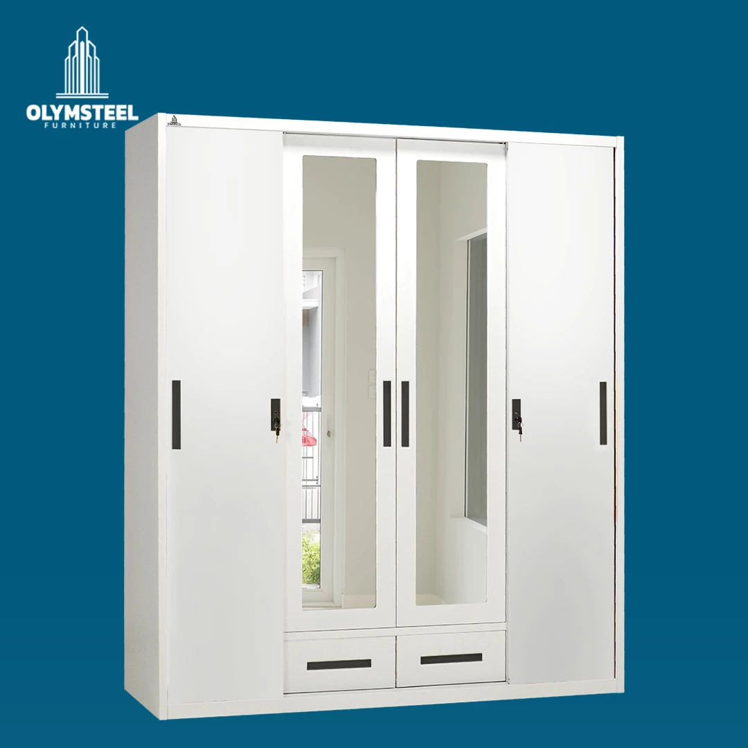 OSWS 4P2L ALBA - Lemari Besi Sliding 4 Pintu 2 Laci Putih - Lemari Besi Modern & Kokoh