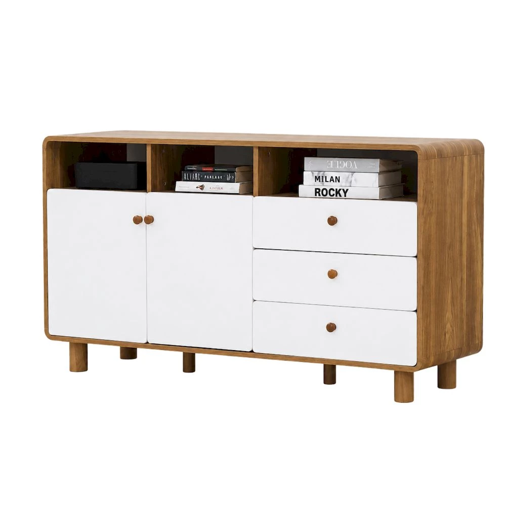 MORE GOBI Credenza Minimalis Modern - Meja TV Kayu Multifungsi Rak TV Govina Oak White
