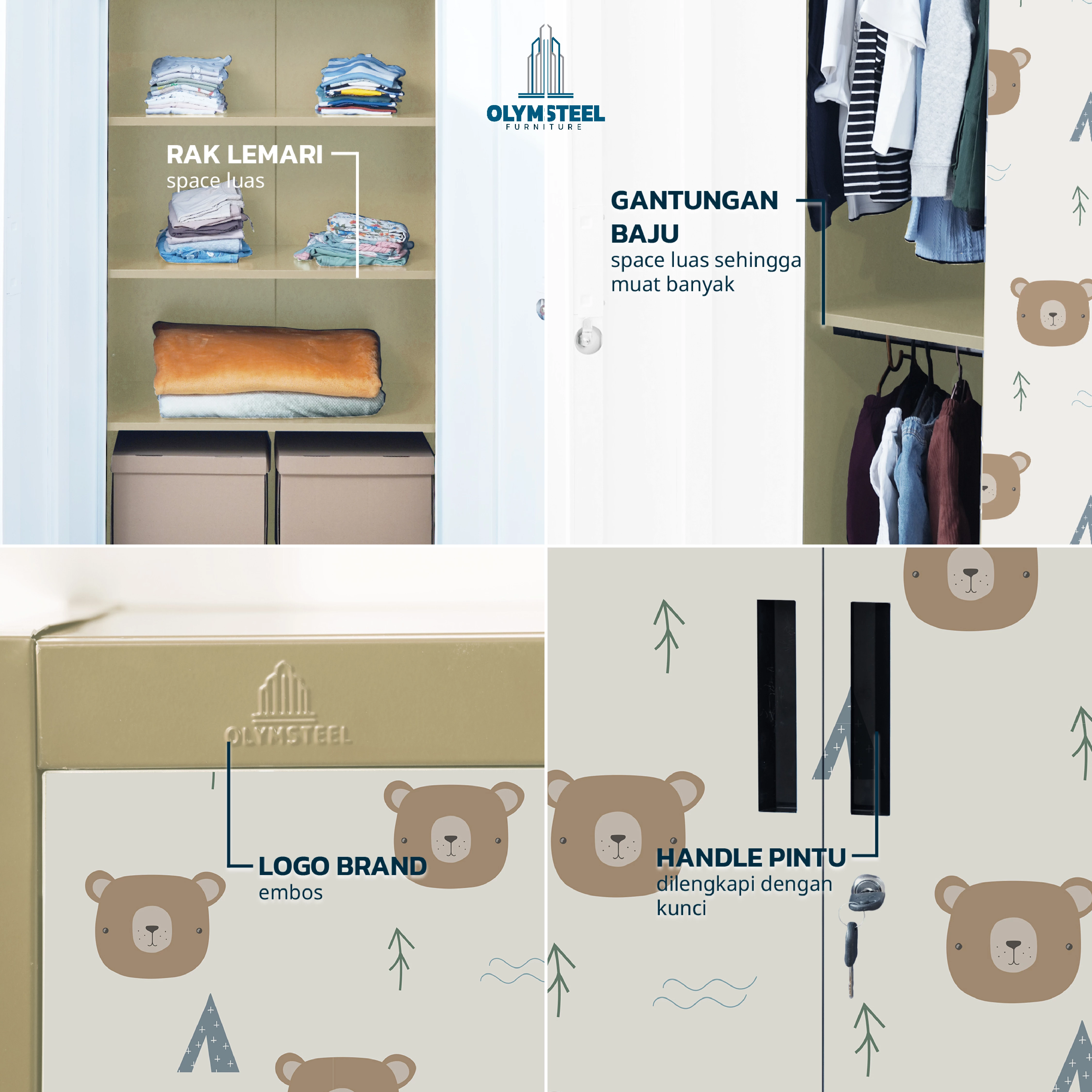 OSW 3P KIDS BEAR 01 - Lemari Pakaian Anak - Lemari Pakaian Besi - Lemari Pakaian 3 Pintu Besi gallery 2