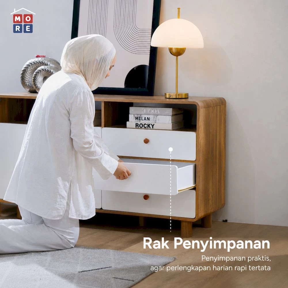MORE GOBI Credenza Minimalis Modern - Meja TV Kayu Multifungsi Rak TV Govina Oak White gallery 2