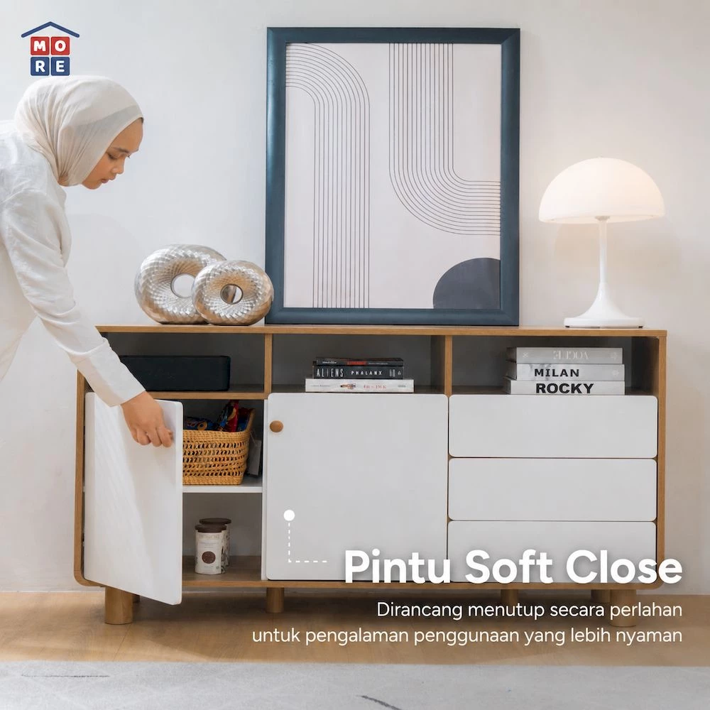 MORE GOBI Credenza Minimalis Modern - Meja TV Kayu Multifungsi Rak TV Govina Oak White gallery 3