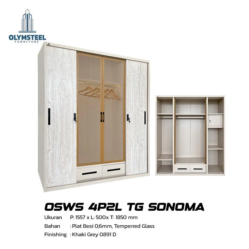 OSWS 4P2L TG SONOMA - Lemari Pakaian Besi Sliding 4 Pintu 2 Laci Tempered Glass gallery 1