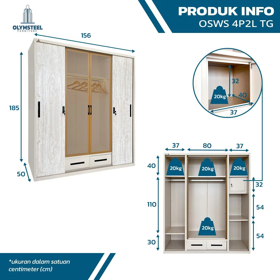 OSWS 4P2L TG SONOMA - Lemari Pakaian Besi Sliding 4 Pintu 2 Laci Tempered Glass gallery 2