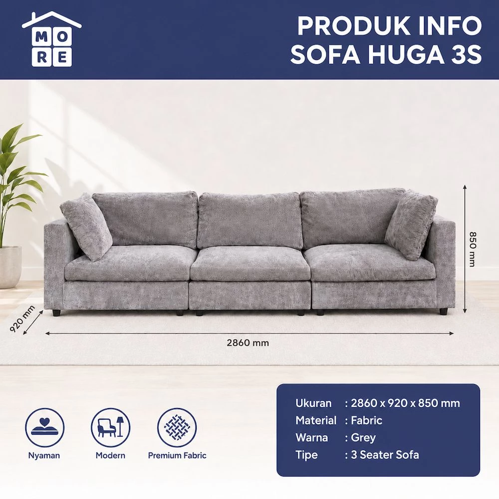 MORE HUGA 3S Sofa 3 Seater Minimalis - Sofa Panjang Premium Fabric Empuk Modern Elegan gallery 1