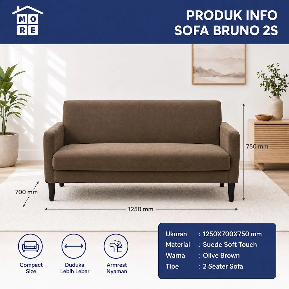 MORE BRUNO 2S Sofa 2 Seater Minimalis - Sofa Compact Suede Empuk Modern gallery 1
