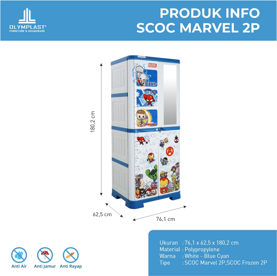SCOC 2P Lemari Pakaian Anak - Spesial Marvel Avengers White Blue gallery 1