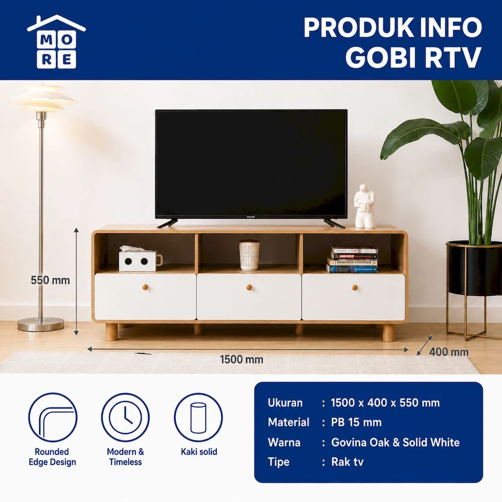 MORE GOBI RTV Rak TV Minimalis - Meja TV Kayu Modern Multifungsi Govina Oak White gallery 1
