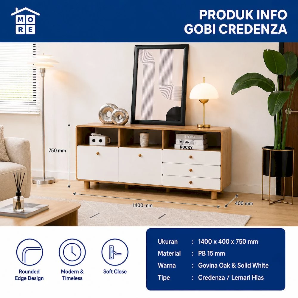 MORE GOBI Credenza Minimalis Modern - Meja TV Kayu Multifungsi Rak TV Govina Oak White gallery 1