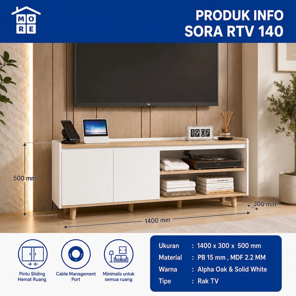 SORA RTV 140 Rak TV Minimalis Modern - Meja TV Sliding Door Motif Kayu Alpha Oak gallery 1