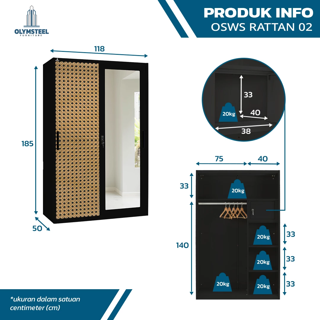 Olymsteel OSWS 120 RATTAN 02 Lemari Pakaian Besi Sliding 2 Pintu gallery 1