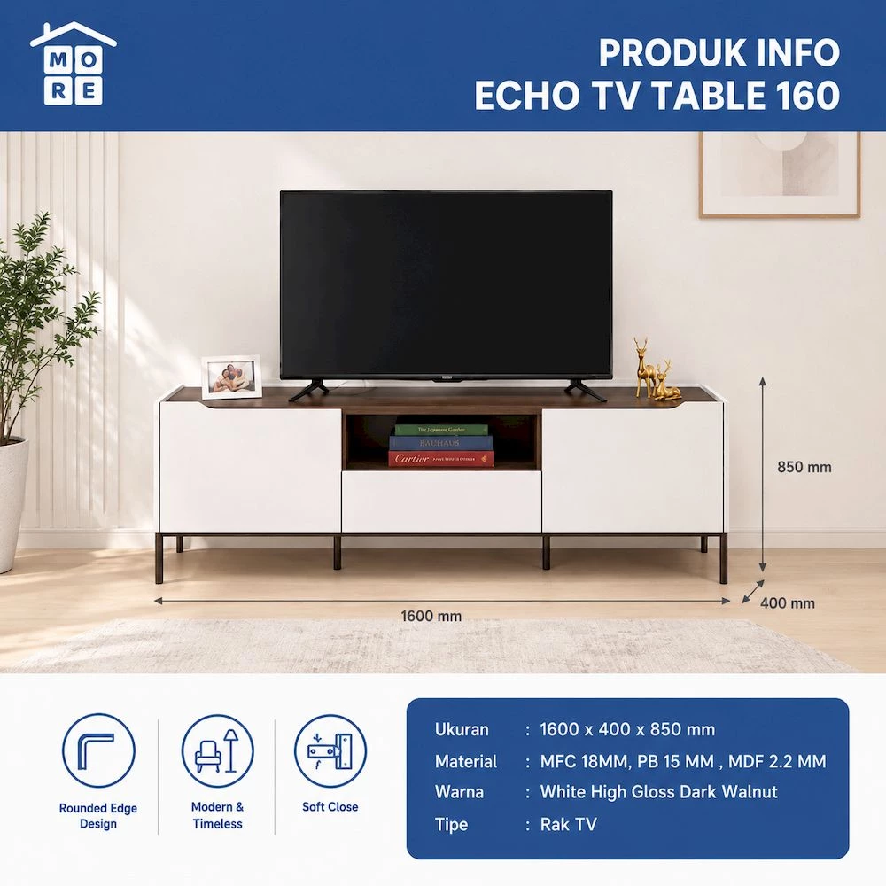 ECHO TV Table 160 Rak TV Minimalis Modern - Meja TV High Gloss Kaki Besi Dark Walnut Premium gallery 1