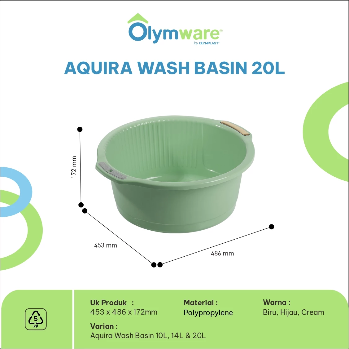 Aquira Wash Basin 10L 14L 20L - Ember Cuci Plastik Handle Chrome - Bak Cuci Baju Kuat Modern gallery 1