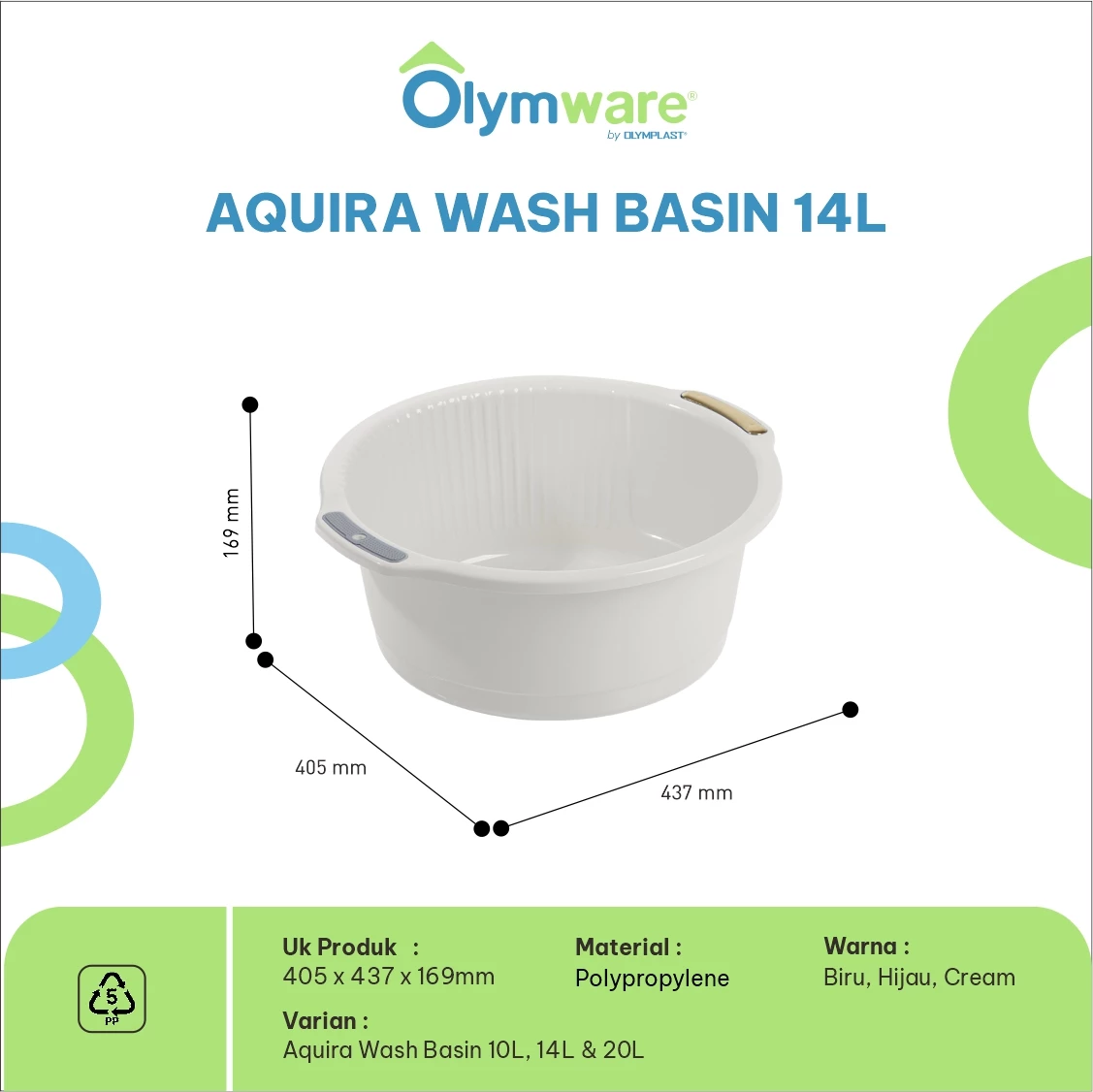 Aquira Wash Basin 10L 14L 20L - Ember Cuci Plastik Handle Chrome - Bak Cuci Baju Kuat Modern gallery 2