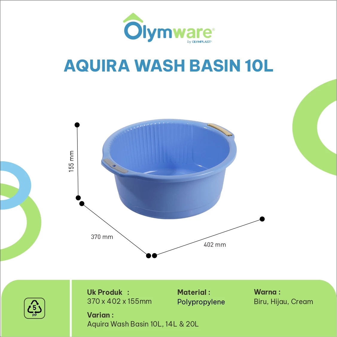 Aquira Wash Basin 10L 14L 20L - Ember Cuci Plastik Handle Chrome - Bak Cuci Baju Kuat Modern gallery 3