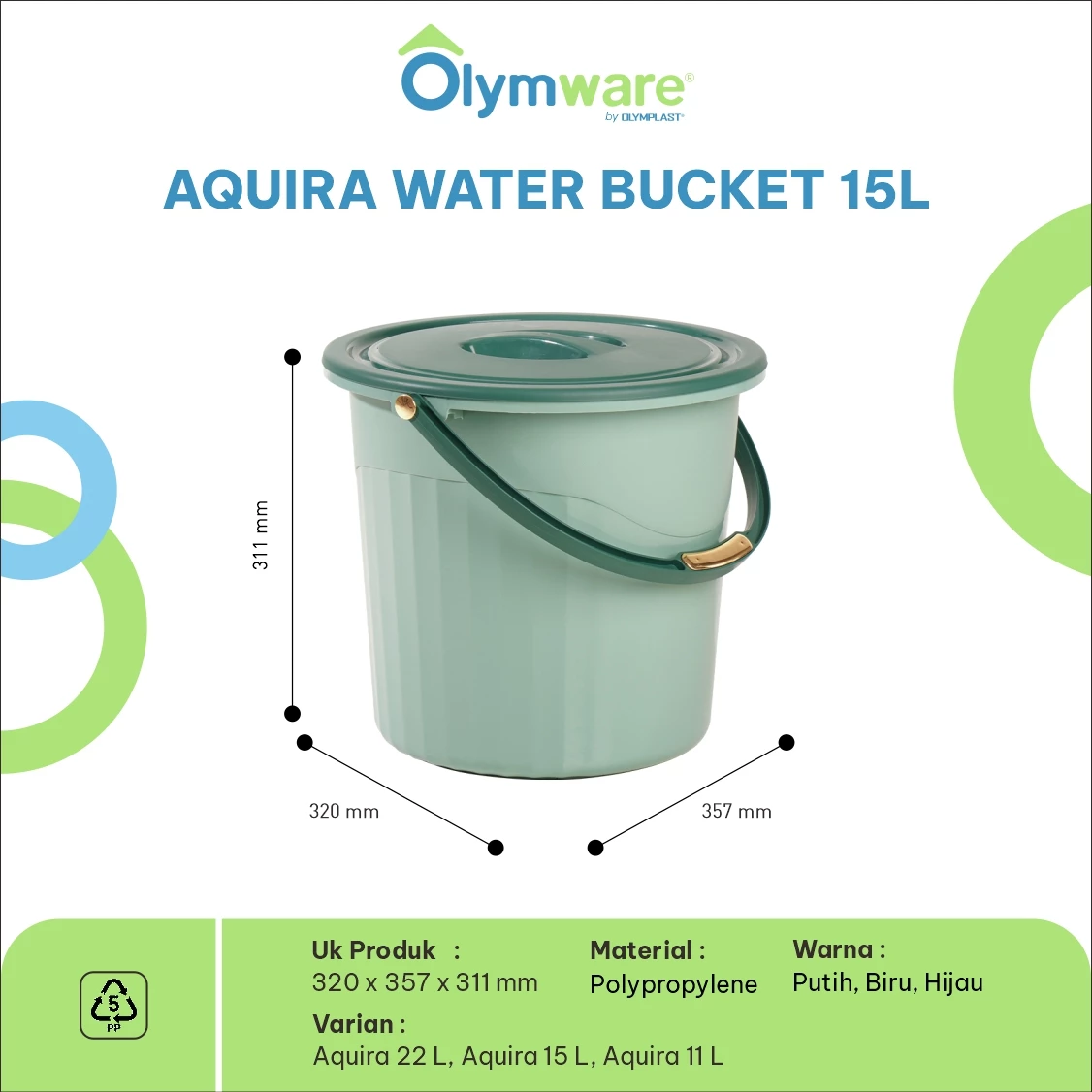 Aquira Water Bucket - Ember Plastik Handle Chrome - Ember Air Kuat Modern Rumah Tangga gallery 2
