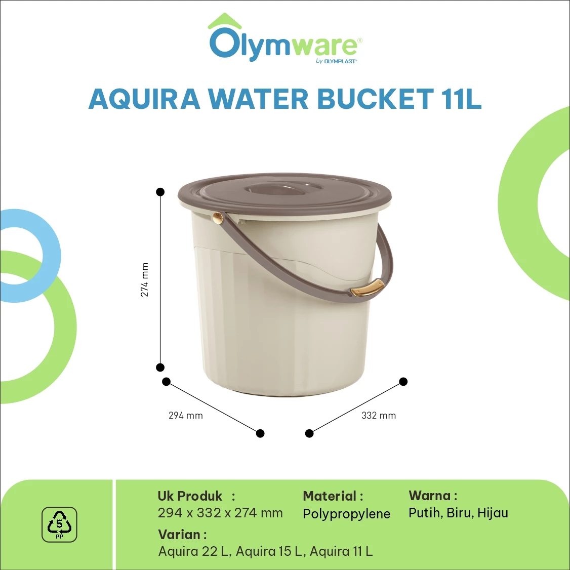 Aquira Water Bucket - Ember Plastik Handle Chrome - Ember Air Kuat Modern Rumah Tangga gallery 3