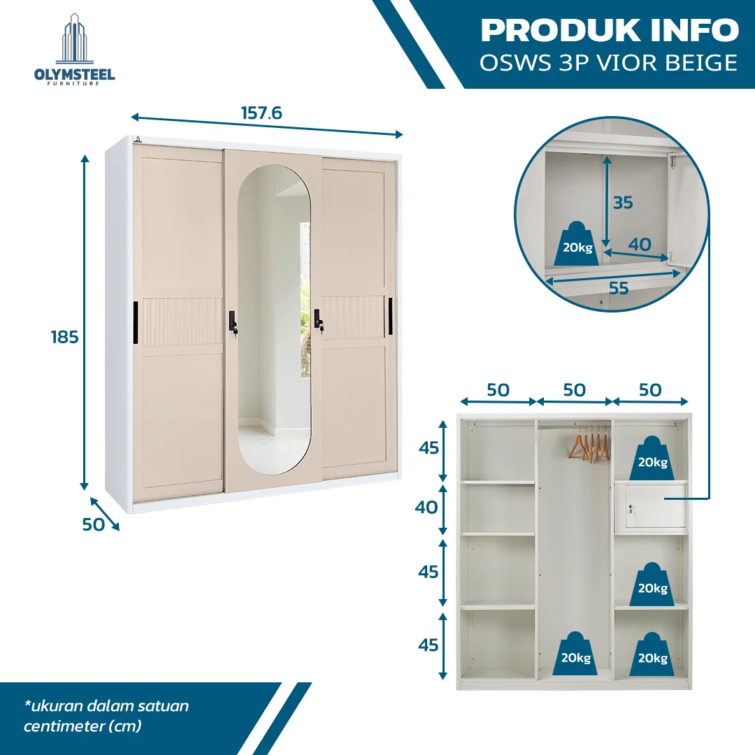 OSWS 3P Vior Lemari Embos Pakaian Sliding Besi 3 Pintu gallery 1