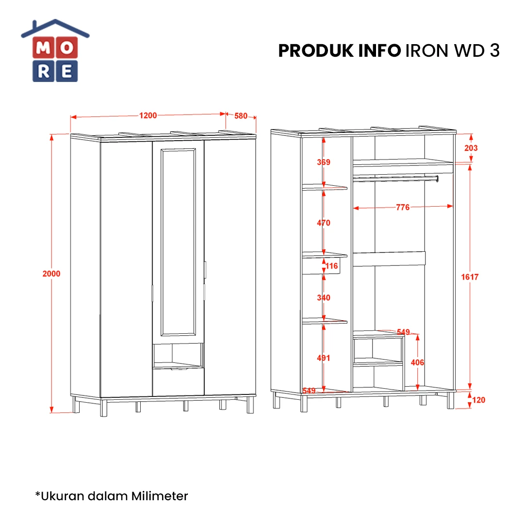 WD IRON 3 - Lemari Pakaian 3 Pintu Kaki Besi gallery 1