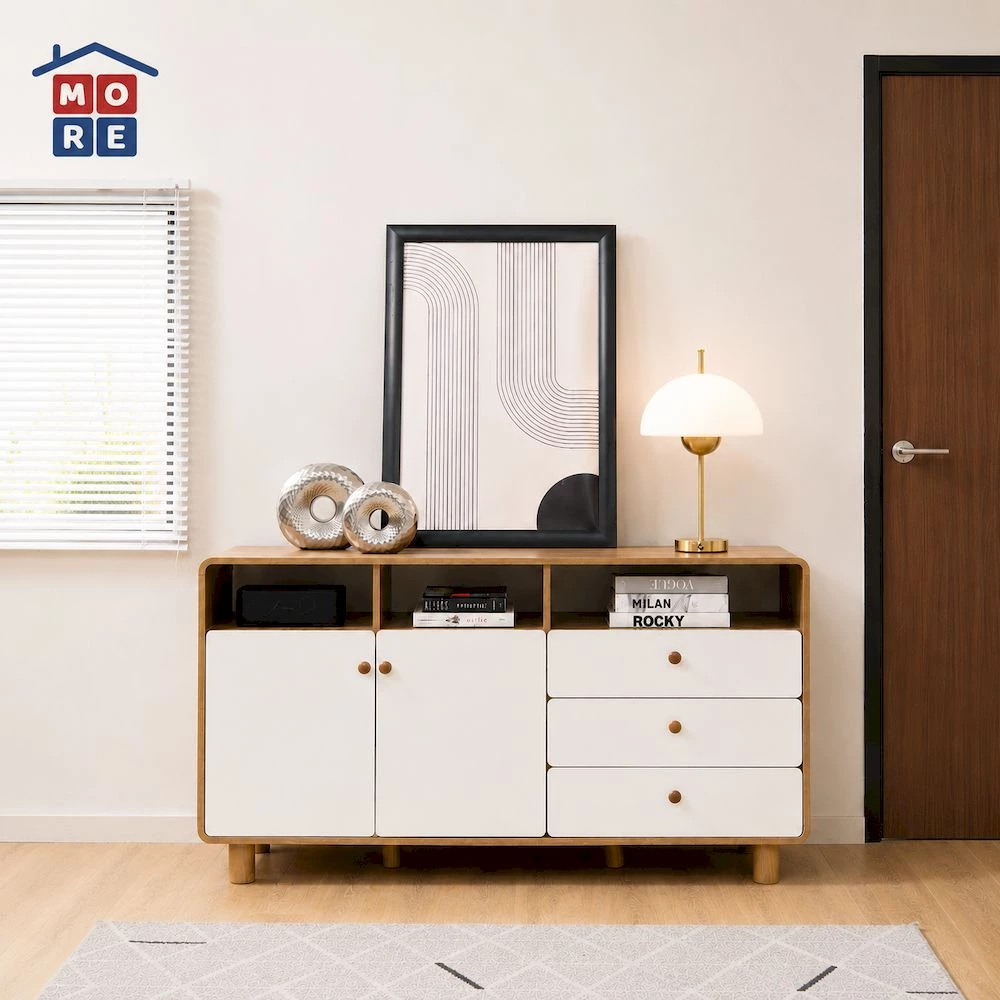 MORE GOBI Credenza Minimalis Modern - Meja TV Kayu Multifungsi Rak TV Govina Oak White