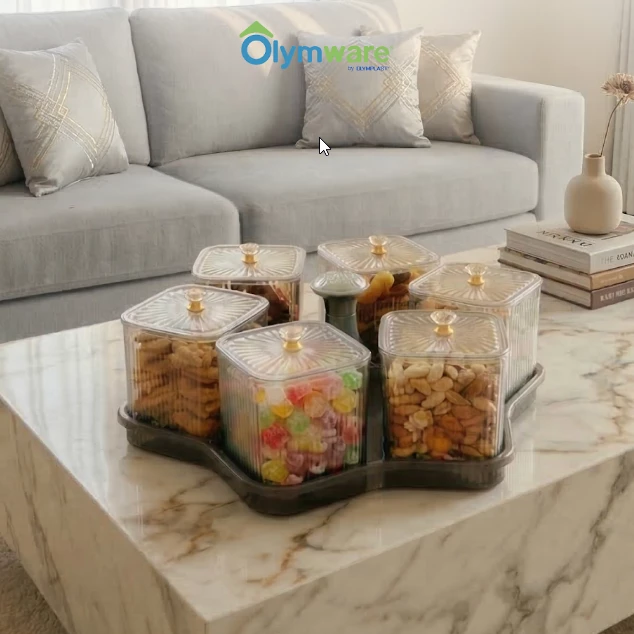 Toples Topcrist Set - Toples Bulat & Kotak + Tray - Toples Set Tutup Crystal Handle Praktis