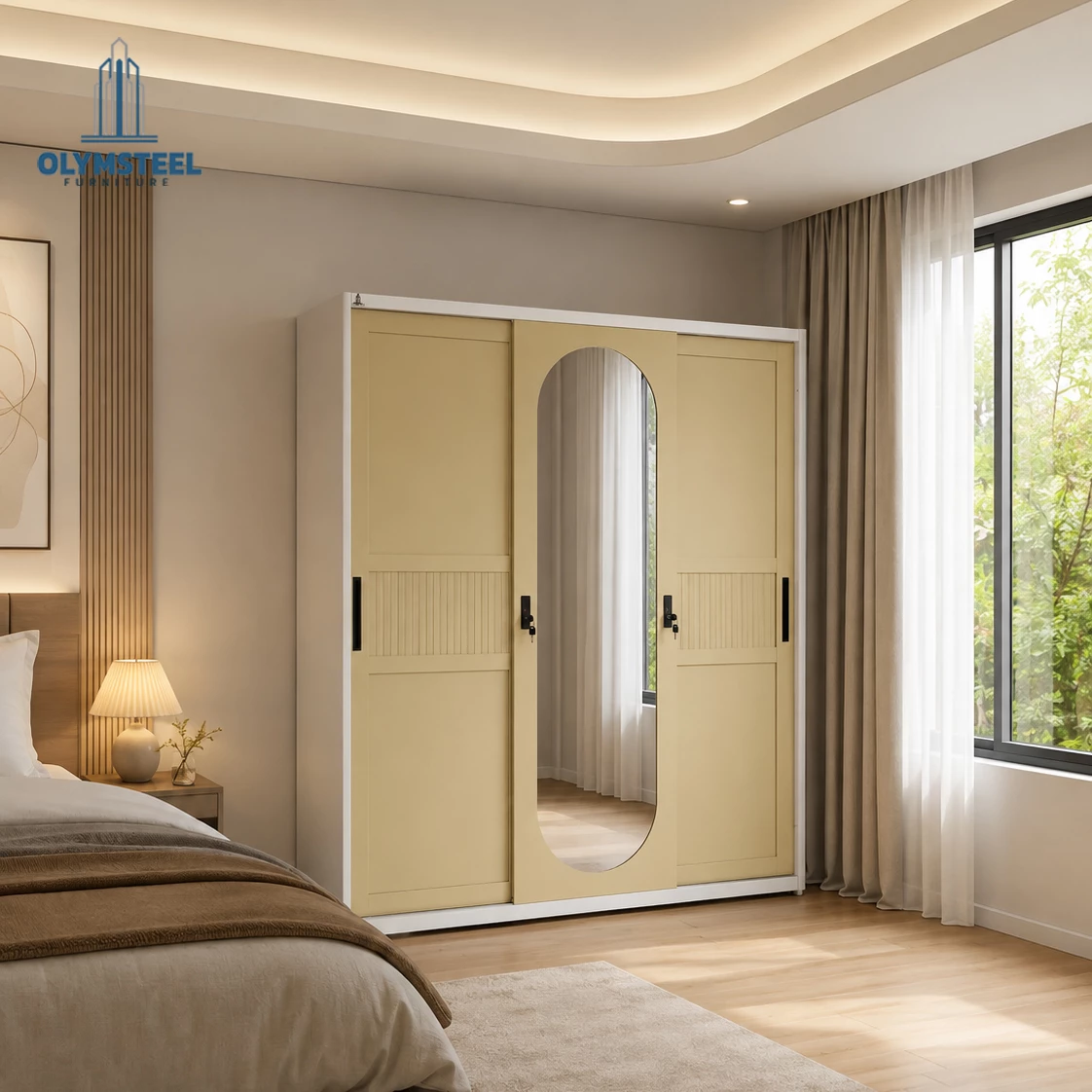 OSWS 3P Vior Lemari Embos Pakaian Sliding Besi 3 Pintu