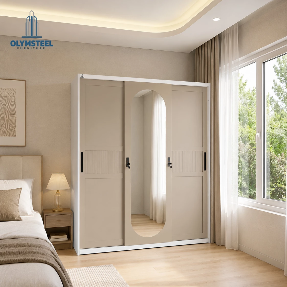 OSWS 3P Vior Lemari Embos Pakaian Sliding Besi 3 Pintu