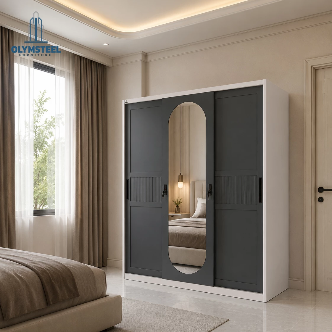 OSWS 3P Vior Lemari Embos Pakaian Sliding Besi 3 Pintu