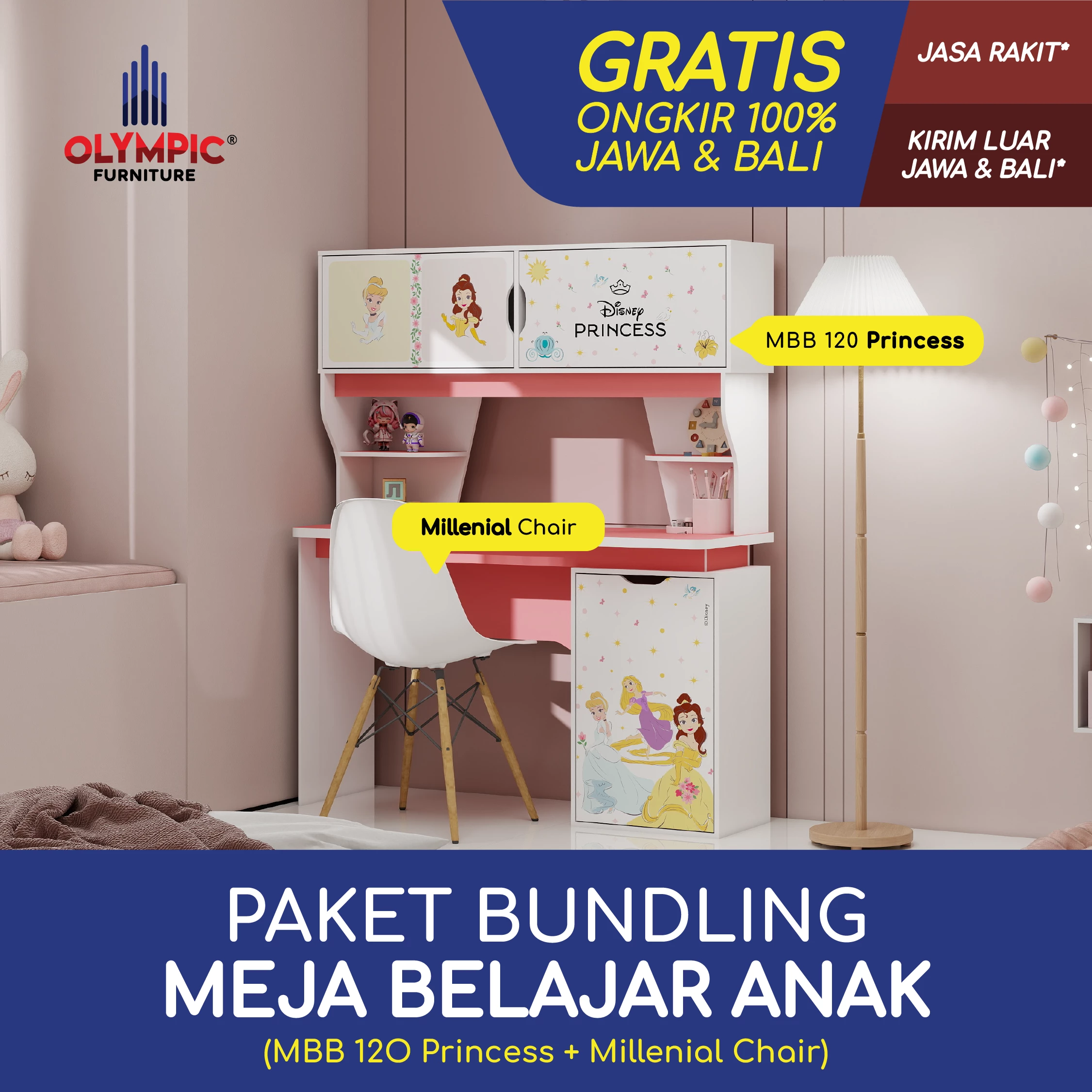 MBB 120 Meja Belajar Anak Marvel Frozen Princess + Kursi Milenial Kaki Kayu