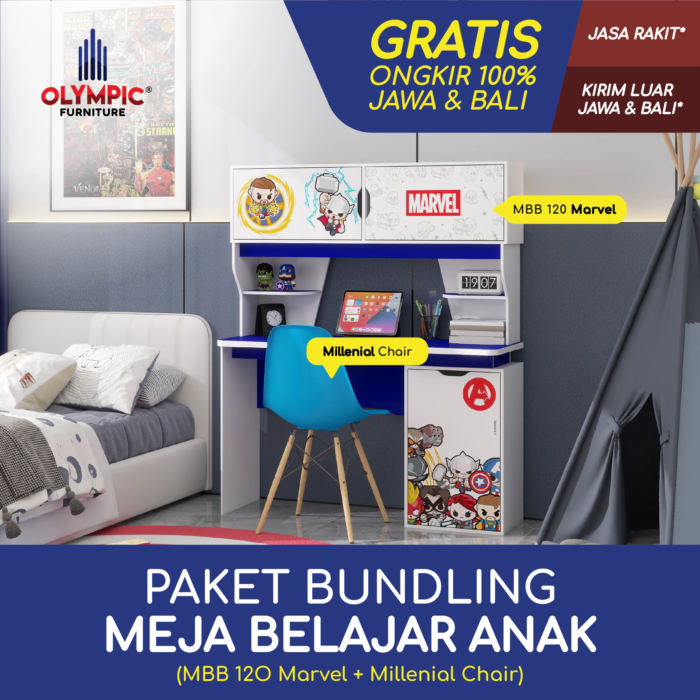 MBB 120 Meja Belajar Anak Marvel Frozen Princess + Kursi Milenial Kaki Kayu