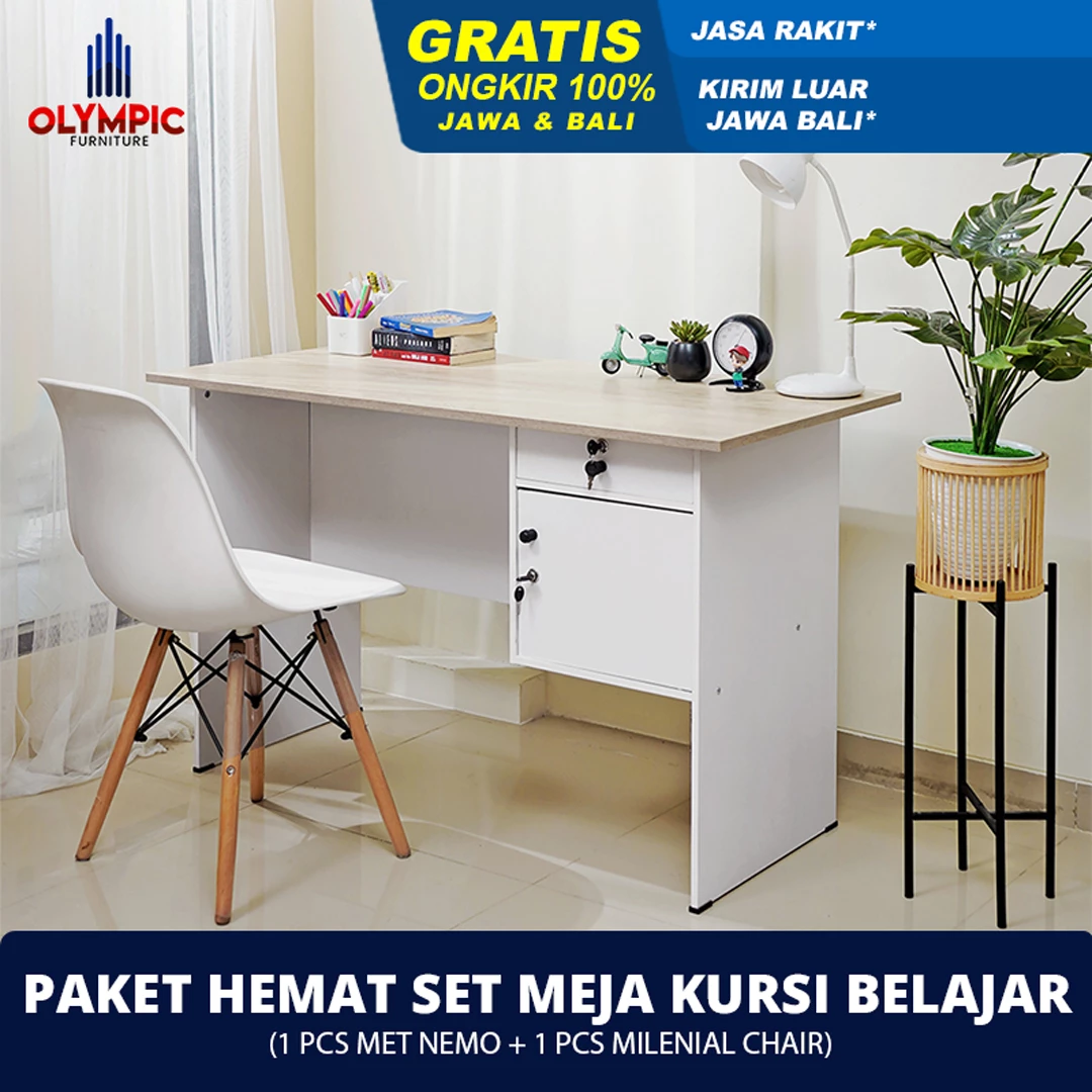 Paket Hemat Set Meja Kursi Belajar Minimalis MT NEMO + MILENIAL CHAIR