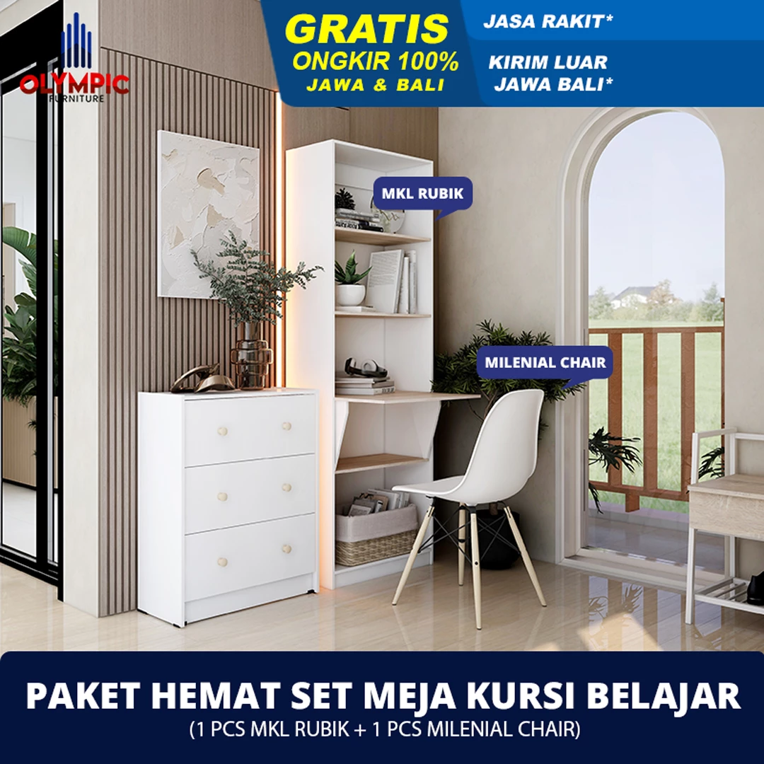 Paket Hemat Set Meja Kursi Belajar Minimalis MKL RUBIK + MILENIAL CHAIR